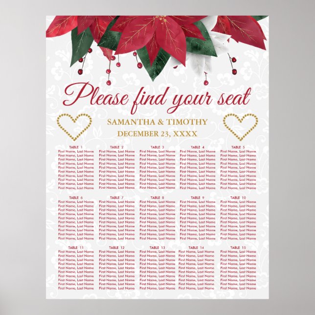 Poster Poinsettia Noël Mariage d'hiver Carte de siège (Devant)