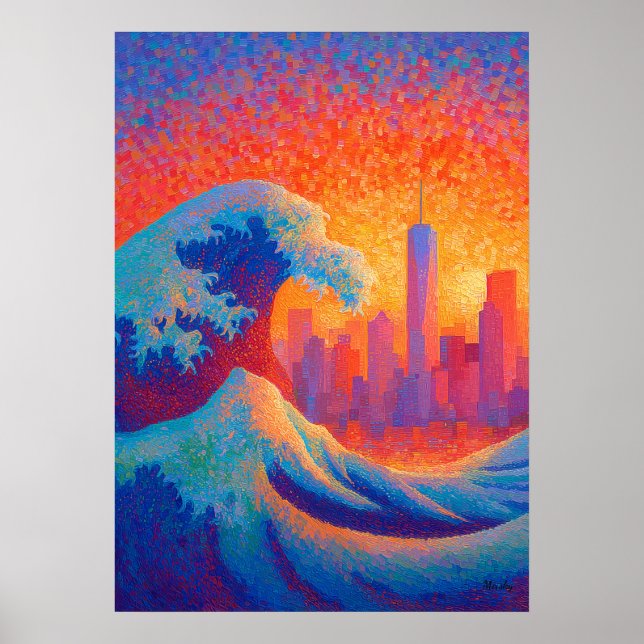 Poster Pointillism Ocean Wave New York Skyline (Devant)