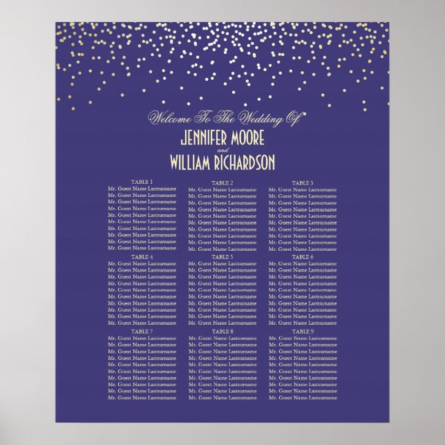 Poster Points Confetti Or Marine Mariage Carte de siège (Devant)