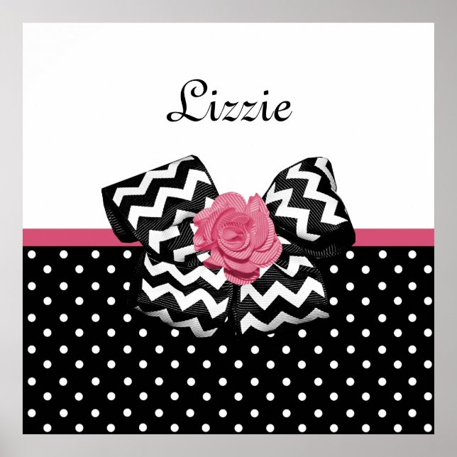 Poster Points noirs mignons Rose rose Chevron Bow et nom (Devant)