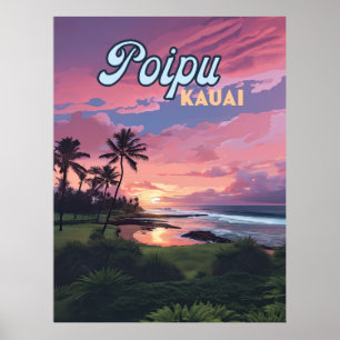 Poster Poipu Kauai Hawaii Plage Palmiers Rétro