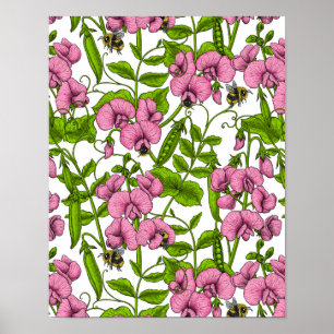Poster Pois doux et bourdons, rose, vert et blanc