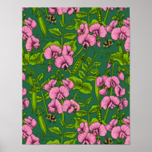 Poster Pois doux et bourdons, vert et rose