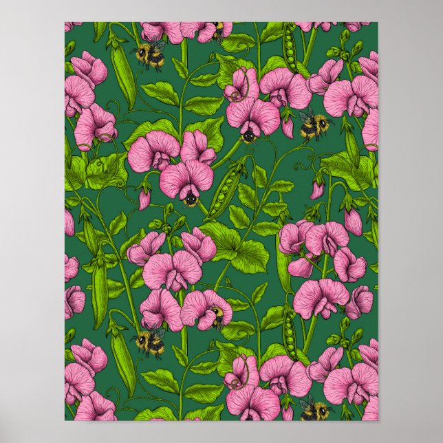 Poster Pois doux et bourdons, vert et rose (Devant)