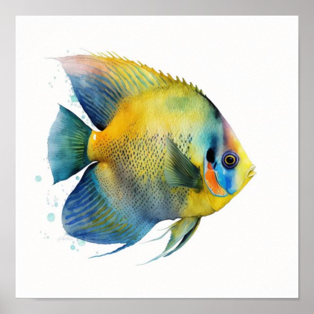 Poster Poisson-ange à fronde jaune dans l'affiche aquarel (Devant)