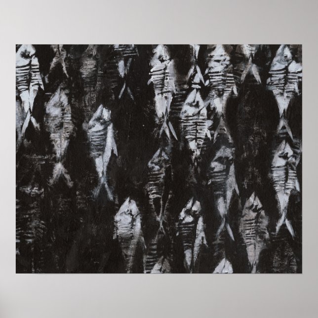 Poster Poisson blanc fossile sur Arrière - plan noir (Devant)