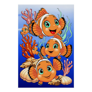 Poster Poisson clown Dessin animé mignon Famille Sous l'e