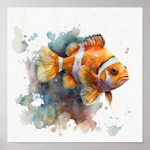 Poster Poisson-clown orange avec éclaboussures de lavis