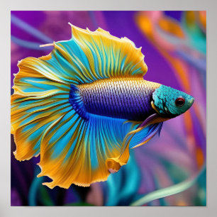 Poster Poisson combattant, bleu or violet