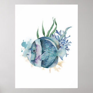 Poster Poisson d'aquarelle bleu et or moderne