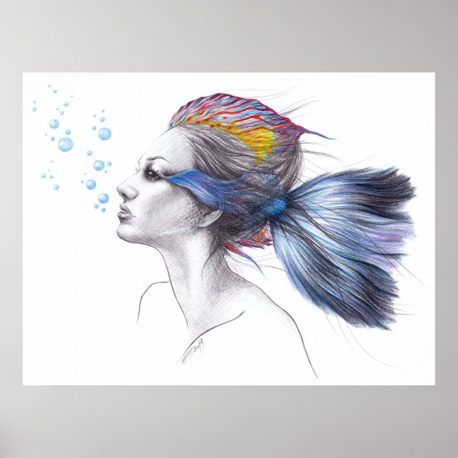 Poster Poisson Femme Portrait de sirène Dessin surréalist (Devant)