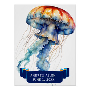 Poster POISSON JELLYCOULEUR D'EAU COLORÉ AVEC NOM Anniver