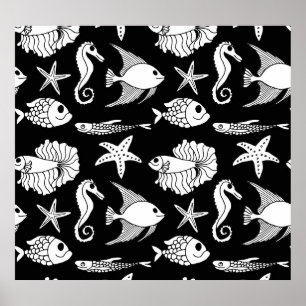 Poster Poisson Motif : Motif noir blanc.