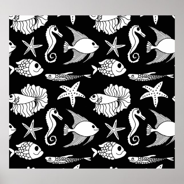 Poster Poisson Motif : Motif noir blanc. (Devant)