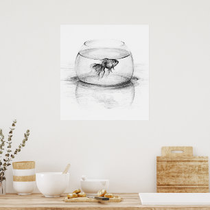 Poster Poisson rouge dans un bol et eau Dessin au crayon