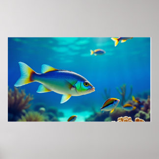 Poster Poisson tropical flottant dans l'eau de mer bleu p