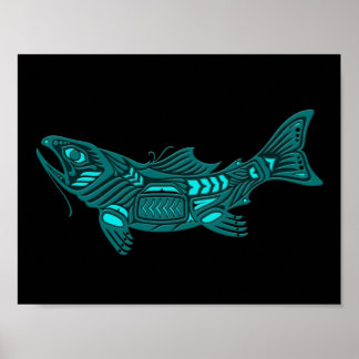 Poster Poisson turquoise bleu Haida Spirit sur noir