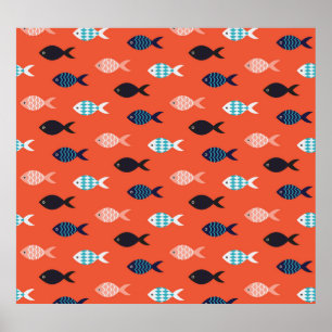 Poster Poisson vintage, motif rouge corail.