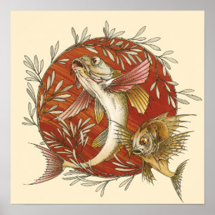 Poster Poisson volant japonais vintage avec feuilles de b