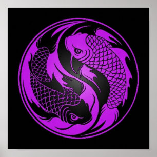 Poster Poisson Yin Yang Koi violet et noir