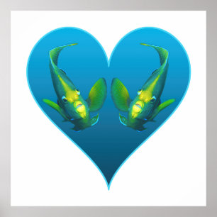Poster Poissons-anges jumeaux dans un cœur bleu - Illustr