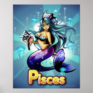 Poster "Poissons" au-dessous de sirène d'anime