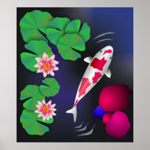 Poster Poissons de Koi de Japonais, fleurs de Lotus et