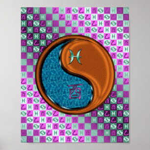 Poster Poissons et coq en bois