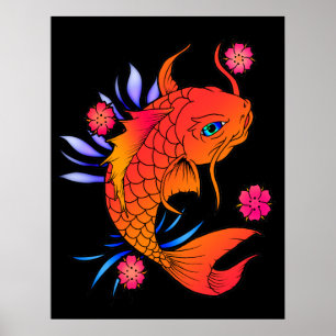 Poster poissons et fleurs de koi