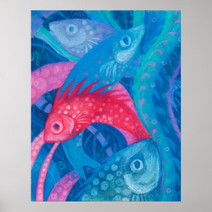 Poster Poissons Roses Algues Mer Animaux Sous-marins Art