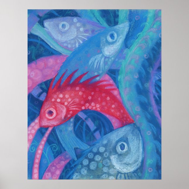 Poster Poissons Roses Algues Mer Animaux Sous-marins Art (Devant)