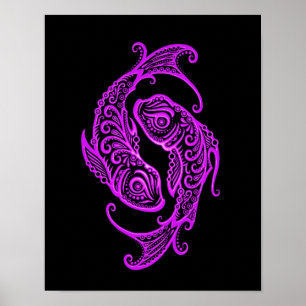 Poster Poissons violets complexes Zodiac sur noir