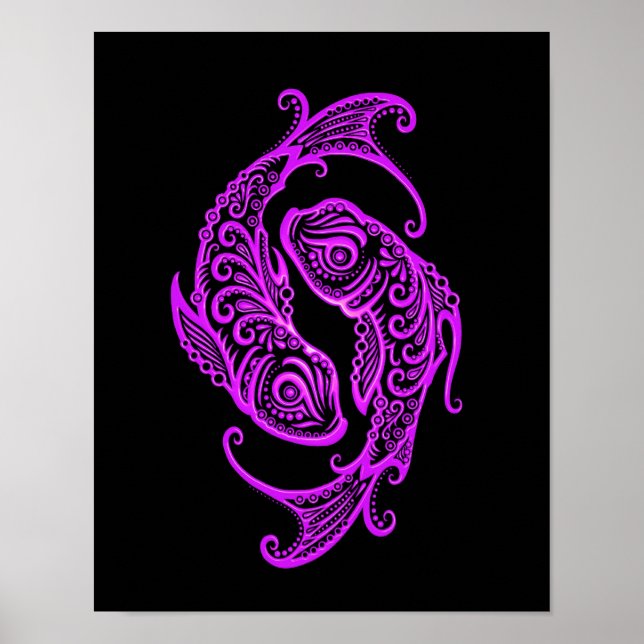 Poster Poissons violets complexes Zodiac sur noir (Devant)