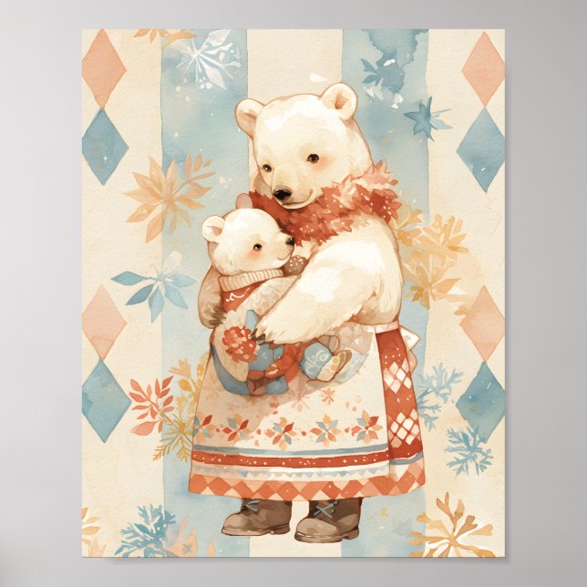 Poster Polar Bear Mother and Cub Winter Attire Nursery (Devant)