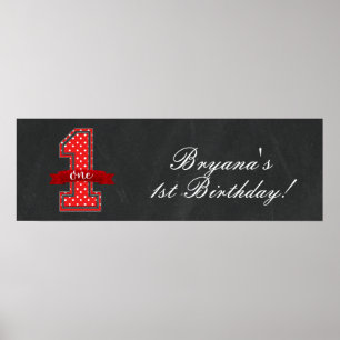 Poster Polka rouge et blanc point 1 fête d'anniversaire