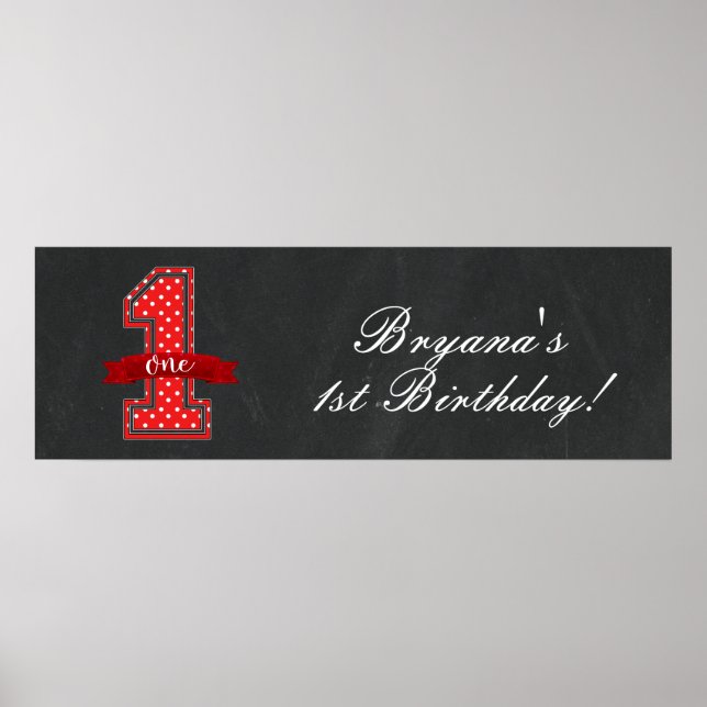 Poster Polka rouge et blanc point 1 fête d'anniversaire (Devant)
