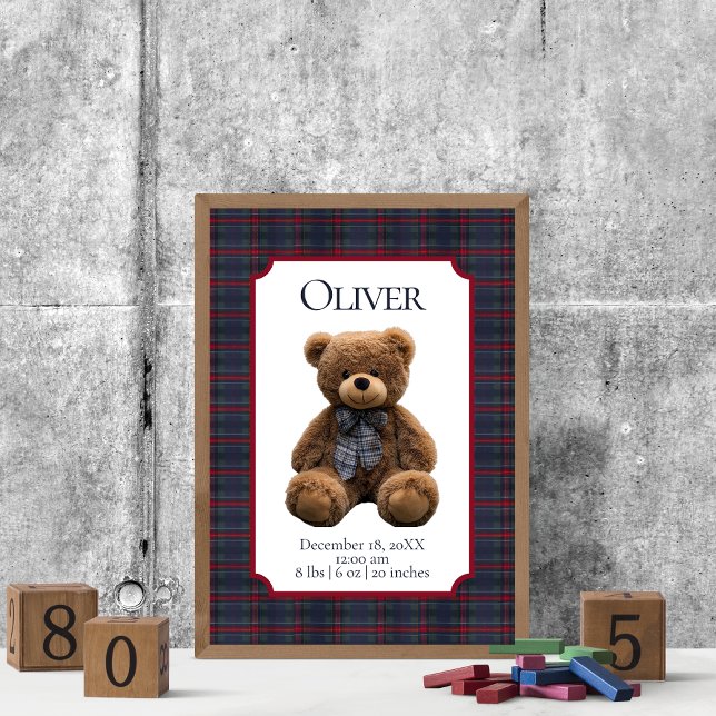 Poster Polo Teddy Bear Tartan Plaid Baby Name Birth Stats (Ralph Polo Teddy Bear Blue Red Tartan Plaid Personalized Baby Name Birth Stats Nursery Decor Poster)