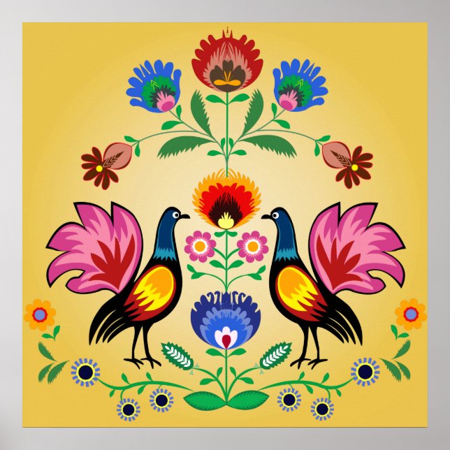 Poster Polonais Avec Floral Décoratif & Cockerels (Devant)