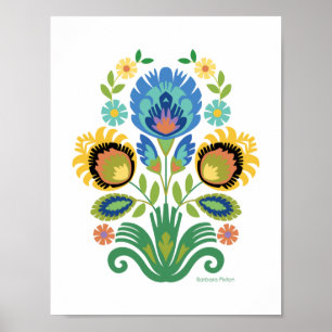 Poster Polonais Floral Azure Blue Papercut Design