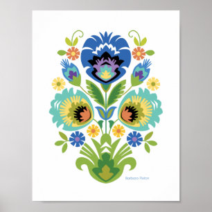 Poster Polonais Floral Bleu & Turquoise Papercut Design