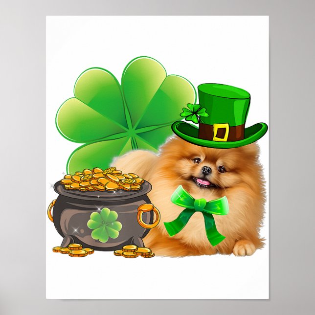 Poster Poméranian Dog Shamrock St Patrick Day Dog Irish (Devant)