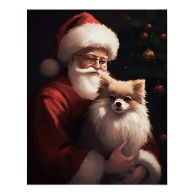 Poster Poméranien avec Noël Festif du Père Noël (Devant)