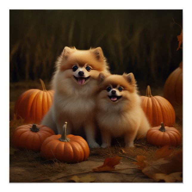 Poster Poméranien Chiot Automne Citrouille délice (Devant)
