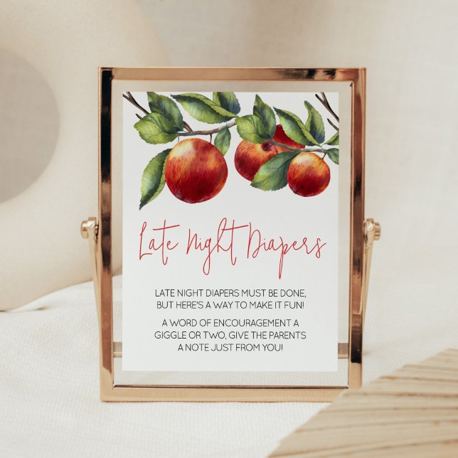 Poster Pommes de nos yeux Baby shower Diapositives de nui (Red Apple Baby Shower Late Night Diapers Sign)