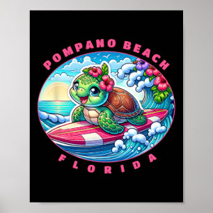 Poster Pompano Beach Floride Jolie Fille de Surf Tortue d