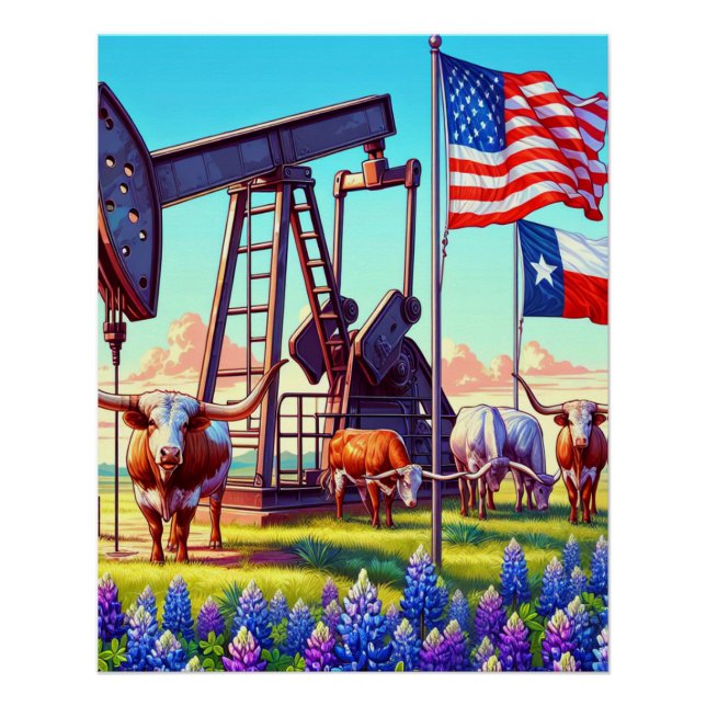 Poster Pompe à huile et bovins Longhorn au Texas (Devant)