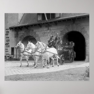 Poster Pompe à incendie hippomobile, 1922. Photo vintage