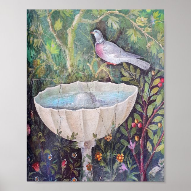 Poster Pompéi Fresco de Pigeon au-dessus d'une fontaine (Devant)