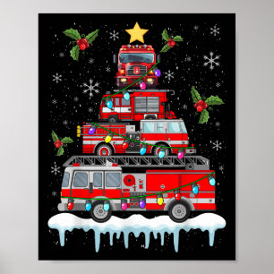 Poster Pompier Camion feu Noël Lumières Arbre Père Noël