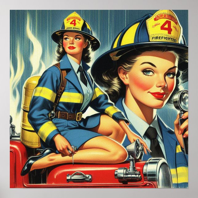 Poster Pompier féminin vintage (Devant)